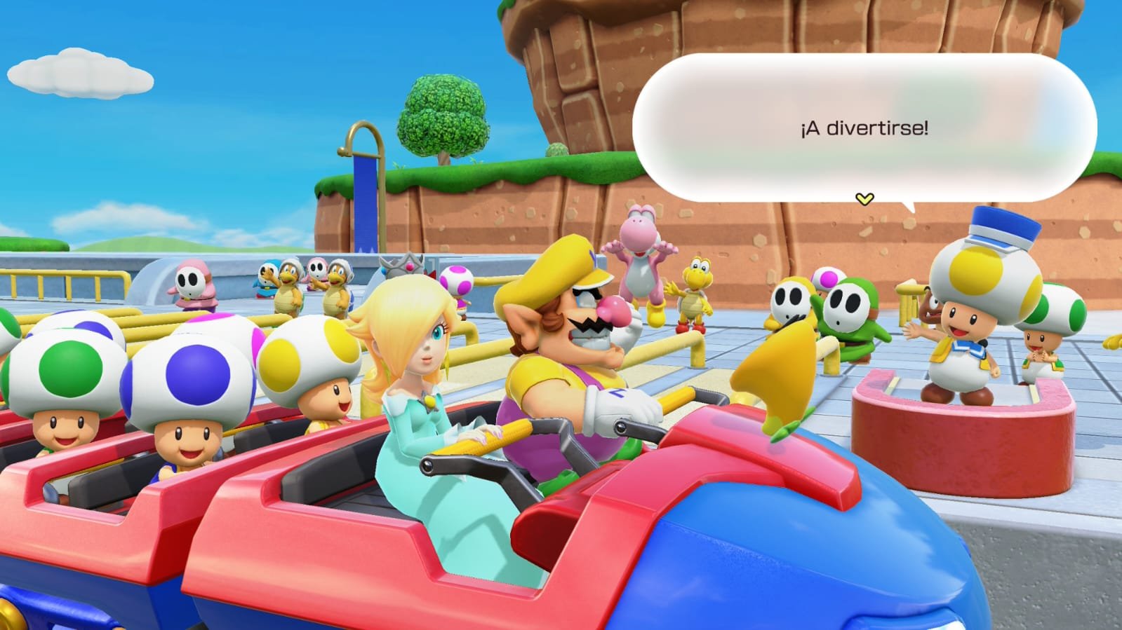 Wario and Rosalina on the roller coaster while shooting enemies along the way
