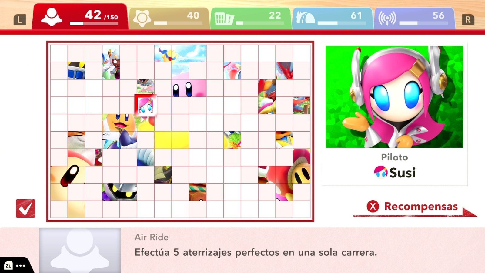 Tablero de logros en Kirby Air Riders